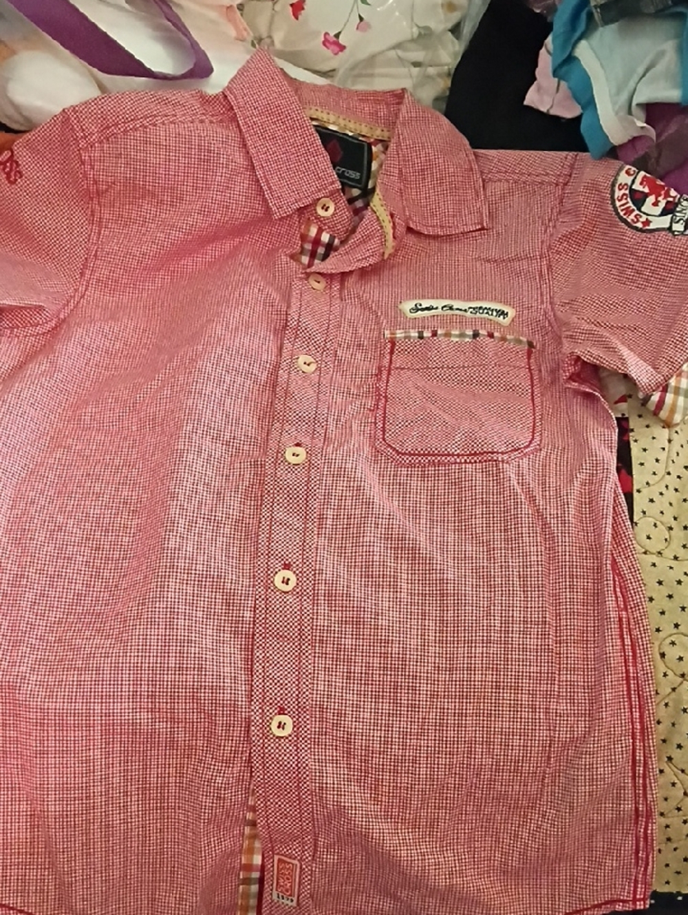 Swiss Cross Red Check Short-Sleeve Button-Down Shirt